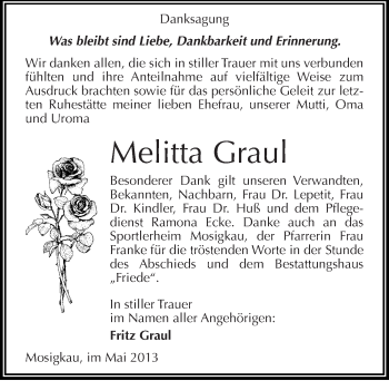 Traueranzeige von Melitta Graul von Mitteldeutsche Zeitung Dessau-Roßlau