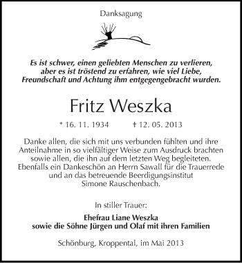 Traueranzeige von Fritz Weszka von Mitteldeutsche Zeitung Naumburg/Nebra