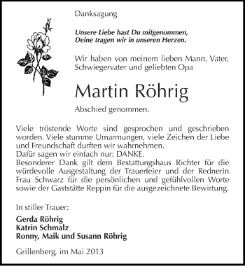 Traueranzeige von Martin Röhrig von Mitteldeutsche Zeitung Sangerhausen