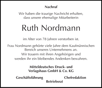 Traueranzeige von Ruth Nordmann von Mitteldeutsche Zeitung Halle/Saalkreis
