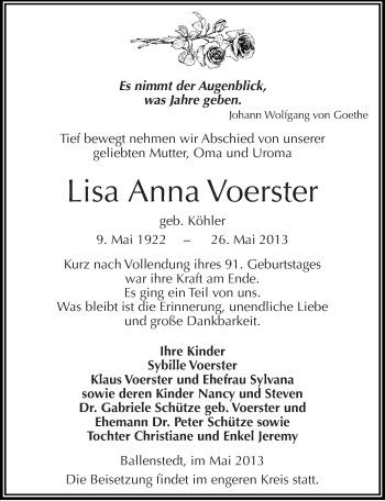 Traueranzeige von Lisa Anna Voerster von Mitteldeutsche Zeitung Quedlinburg