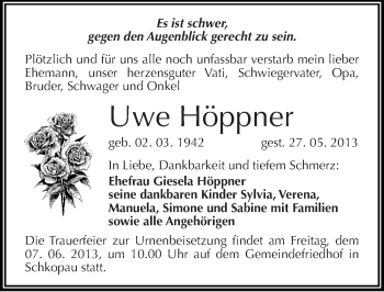 Traueranzeige von Uwe Höppner von Mitteldeutsche Zeitung Merseburg/Querfurt