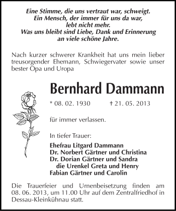 Traueranzeige von Bernhard Dammann von Mitteldeutsche Zeitung Dessau-Roßlau