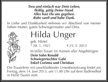 Traueranzeige von Hilda Unger von Mitteldeutsche Zeitung Halle/Saalkreis