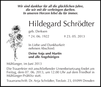 Traueranzeige von Hildegard Schrödter von Mitteldeutsche Zeitung Wittenberg