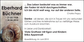 Traueranzeige von Eberhard Büchner von Mitteldeutsche Zeitung Quedlinburg