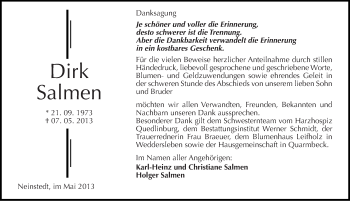 Traueranzeige von Dirk Salmen von Mitteldeutsche Zeitung Quedlinburg