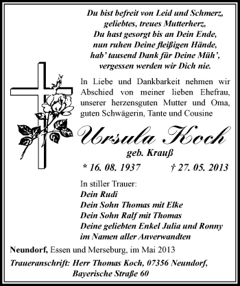 Traueranzeige von Ursula Koch von Mitteldeutsche Zeitung Merseburg/Querfurt