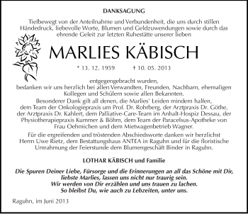 Traueranzeige von Marlies Käbisch von Mitteldeutsche Zeitung Bitterfeld