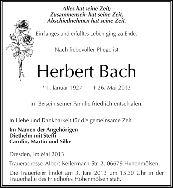 Traueranzeige von Herbert Bach von Mitteldeutsche Zeitung Weißenfels