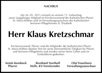Traueranzeige von Klaus Kretzschmar von Mitteldeutsche Zeitung Köthen