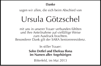 Traueranzeige von Ursula Götzschel von Mitteldeutsche Zeitung Bitterfeld