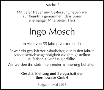 Traueranzeige von Ingo Mosch von Mitteldeutsche Zeitung Sangerhausen