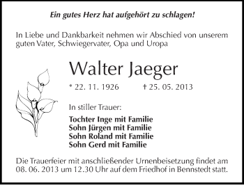 Traueranzeige von Walter Jaeger von Mitteldeutsche Zeitung Halle/Saalkreis