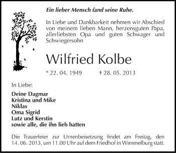 Traueranzeige von Wilfried Kolbe von Mitteldeutsche Zeitung Aschersleben