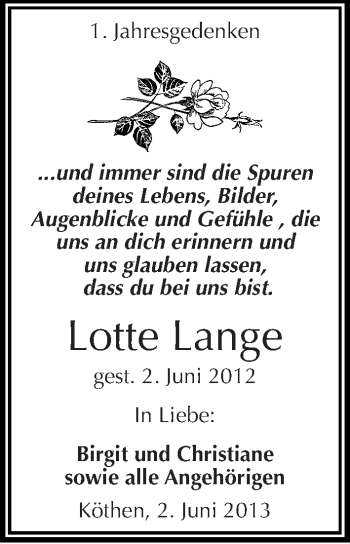 Traueranzeige von Lotte Lange von Mitteldeutsche Zeitung Köthen