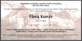 Traueranzeige von Flora Kunze von Mitteldeutsche Zeitung Halle/Saalkreis