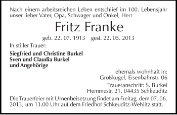 Traueranzeige von Fritz Franke von Mitteldeutsche Zeitung Halle/Saalkreis