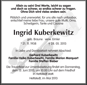 Traueranzeige von Ingrid Kuberkewitz von Mitteldeutsche Zeitung Aschersleben