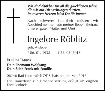 Traueranzeige von Ingelore Röblitz von Mitteldeutsche Zeitung Merseburg/Querfurt