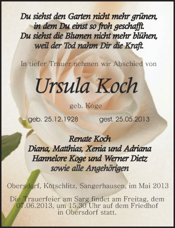 Traueranzeige von Ursula Koch von Mitteldeutsche Zeitung Sangerhausen