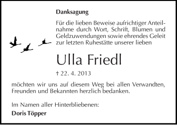 Traueranzeige von Ulla Friedl von Mitteldeutsche Zeitung Halle/Saalkreis