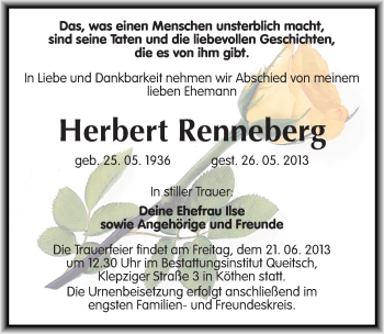 Traueranzeige von Herbert Renneberg von Mitteldeutsche Zeitung Köthen