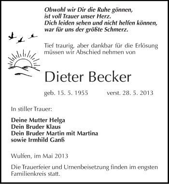 Traueranzeige von Dieter Becker von Mitteldeutsche Zeitung Köthen