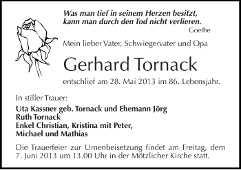 Traueranzeige von Gerhard Tornack von Mitteldeutsche Zeitung Halle/Saalkreis