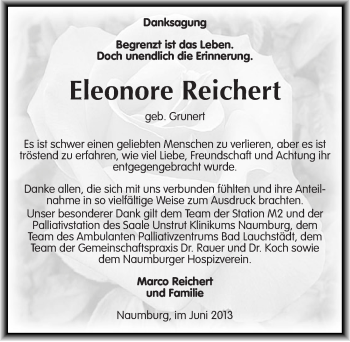 Traueranzeige von Eleonore Reichert von Mitteldeutsche Zeitung Naumburg/Nebra