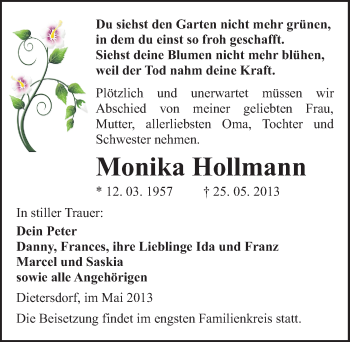 Traueranzeige von Monika Hollmann von Mitteldeutsche Zeitung Sangerhausen