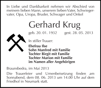 Traueranzeige von Gerhard Krug von Mitteldeutsche Zeitung Merseburg/Querfurt