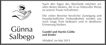 Traueranzeige von Günna Salbego von Mitteldeutsche Zeitung Aschersleben