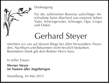 Traueranzeige von Gerhard Steyer von Mitteldeutsche Zeitung Naumburg/Nebra