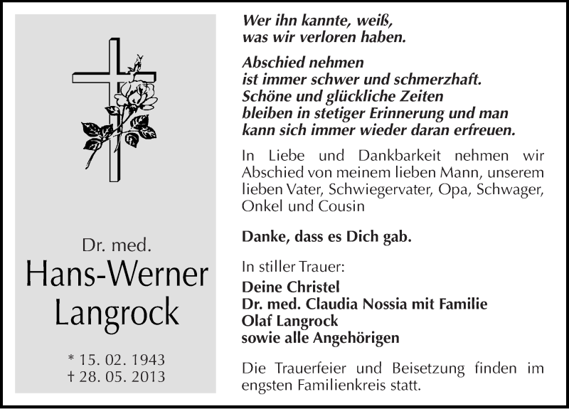  Traueranzeige für Hans-Werner Langrock vom 04.06.2013 aus Mitteldeutsche Zeitung Sangerhausen