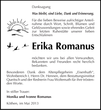 Traueranzeige von Erika Romanus von Mitteldeutsche Zeitung Köthen