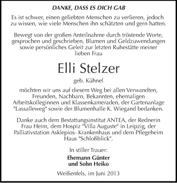 Traueranzeige von Elli Stelzer von Mitteldeutsche Zeitung Weißenfels