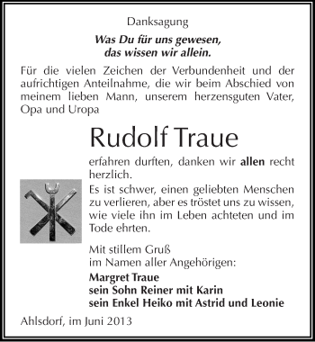 Traueranzeige von Rudolf Traue von Mitteldeutsche Zeitung Aschersleben