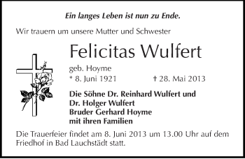 Traueranzeige von Felicitas Wulfert von Mitteldeutsche Zeitung Merseburg/Querfurt