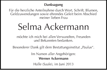 Traueranzeige von Selma Ackermann von Mitteldeutsche Zeitung Halle/Saalkreis