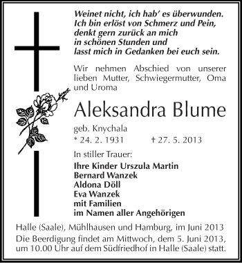 Traueranzeige von Aleksandra Blume von Mitteldeutsche Zeitung Halle/Saalkreis