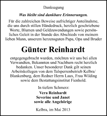 Traueranzeige von Günter Reinhardt von Mitteldeutsche Zeitung Sangerhausen