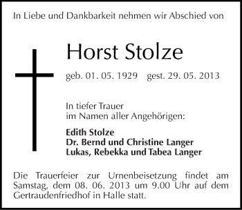 Traueranzeige von Horst Stolze von Mitteldeutsche Zeitung Halle/Saalkreis