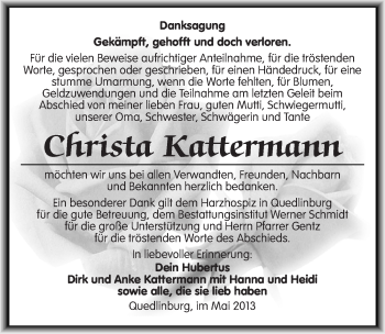 Traueranzeige von Christa Kattermann von Mitteldeutsche Zeitung Quedlinburg