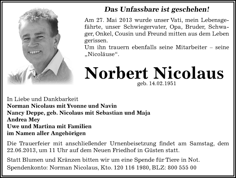  Traueranzeige für Norbert Nicolaus vom 01.06.2013 aus Mitteldeutsche Zeitung