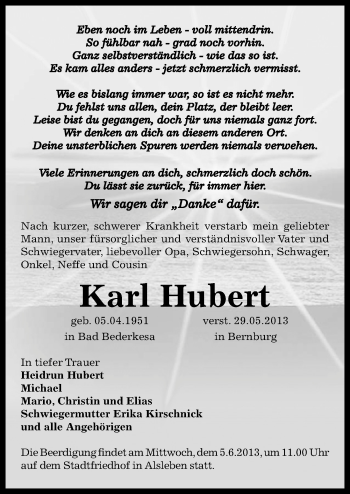 Traueranzeige von Karl Hubert von Mitteldeutsche Zeitung Bernburg