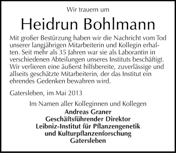 Traueranzeige von Heidrun Bohlmann von Mitteldeutsche Zeitung