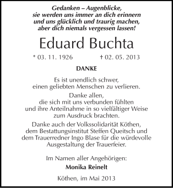 Traueranzeige von Eduard Buchta von Mitteldeutsche Zeitung Köthen