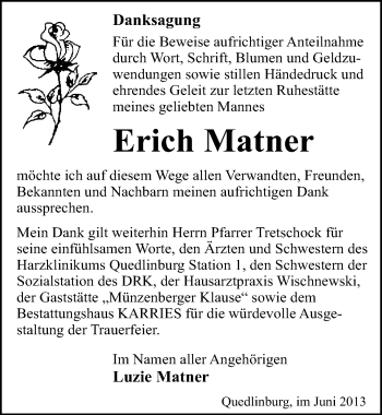 Traueranzeige von Erich Matner von Mitteldeutsche Zeitung Quedlinburg