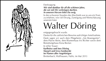 Traueranzeige von Walter Döring von Mitteldeutsche Zeitung Sangerhausen